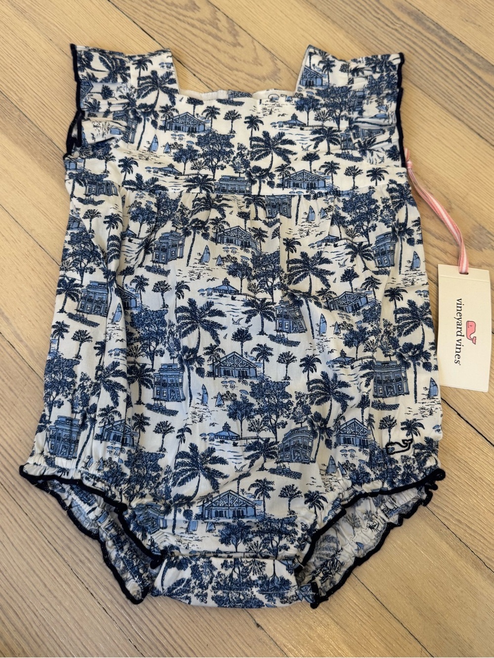 VINEYARD VINES Baby Girl's Blue & White Palm Print Poplin Ruffle Bubble Onesie